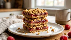 Smulpaj i rutor med hallonsylt och havregryn – enkel favorit till fikat